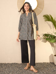 Women Grey Cotton Blend Ethnic Motifs Printed Regular Top-VT1379