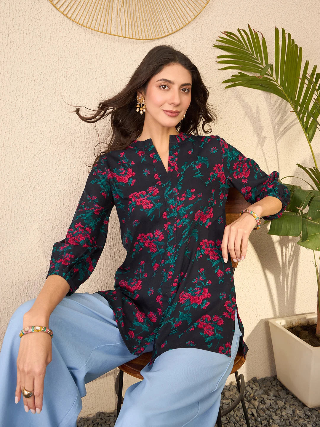 Women Navy Blue Cotton Blend Floral Printed Regular Top