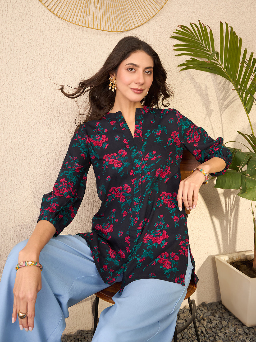 Women Navy Blue Cotton Blend Floral Printed Regular Top-VT1380