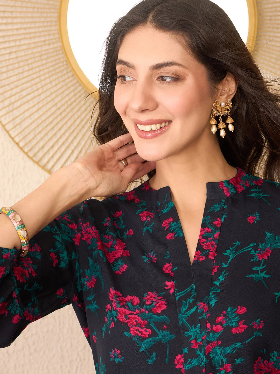 Women Navy Blue Cotton Blend Floral Printed Regular Top