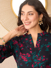 Women Navy Blue Cotton Blend Floral Printed Regular Top-VT1380