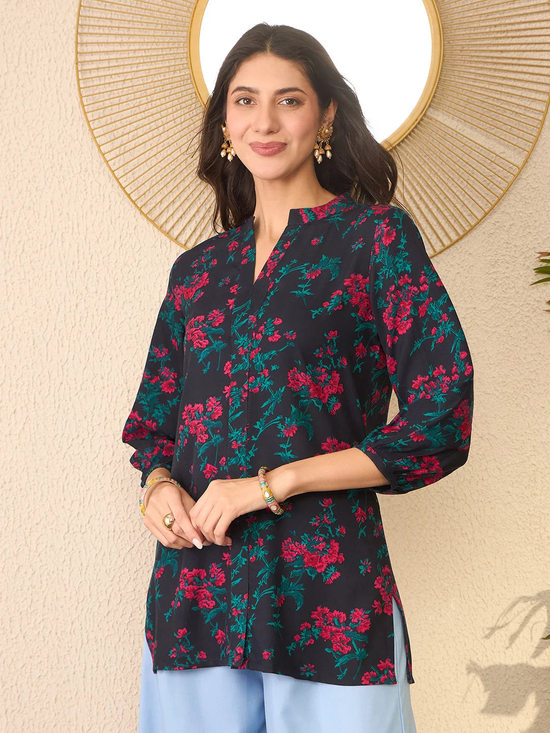 Women Navy Blue Cotton Blend Floral Printed Regular Top