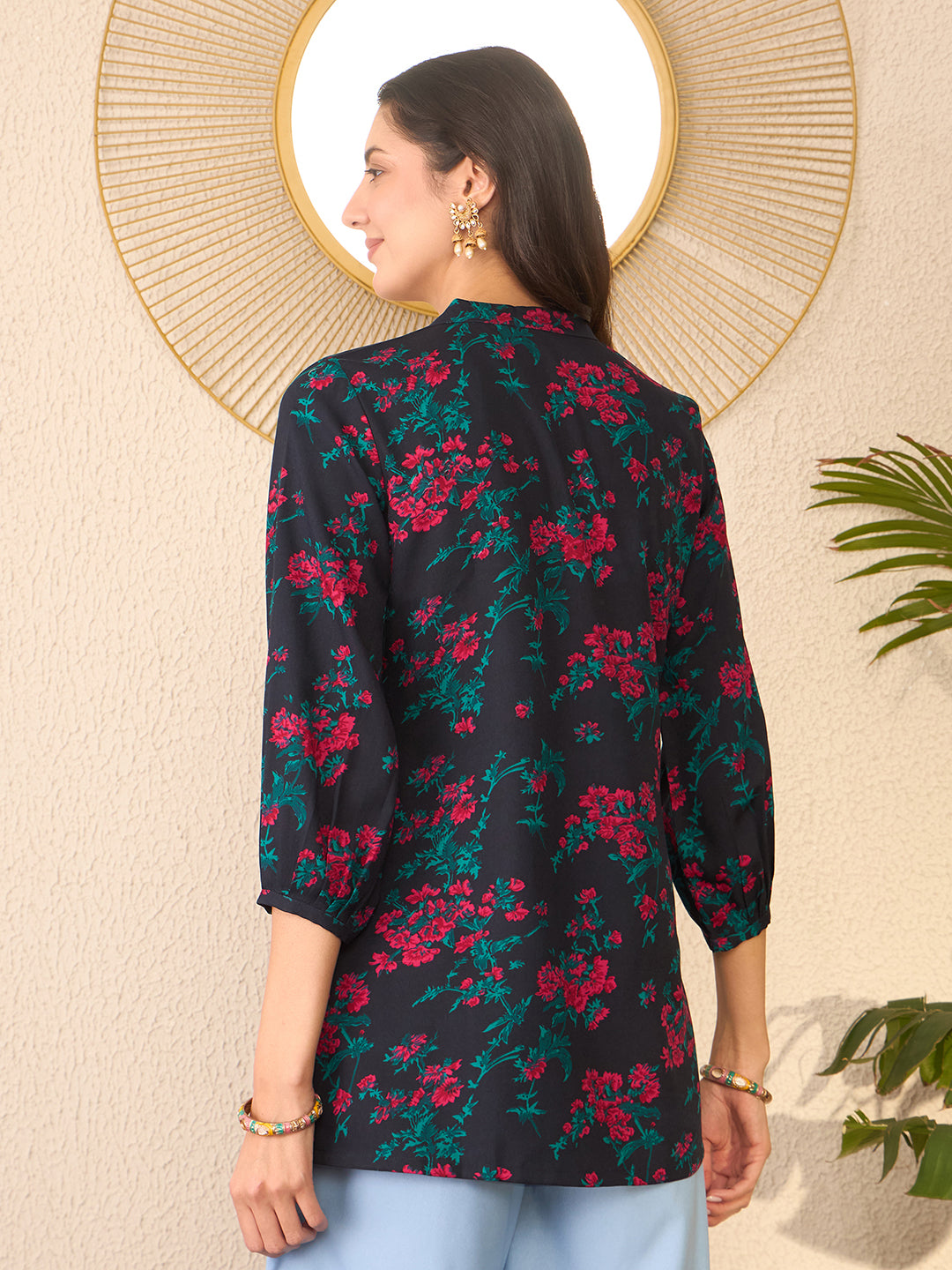 Women Navy Blue Cotton Blend Floral Printed Regular Top
