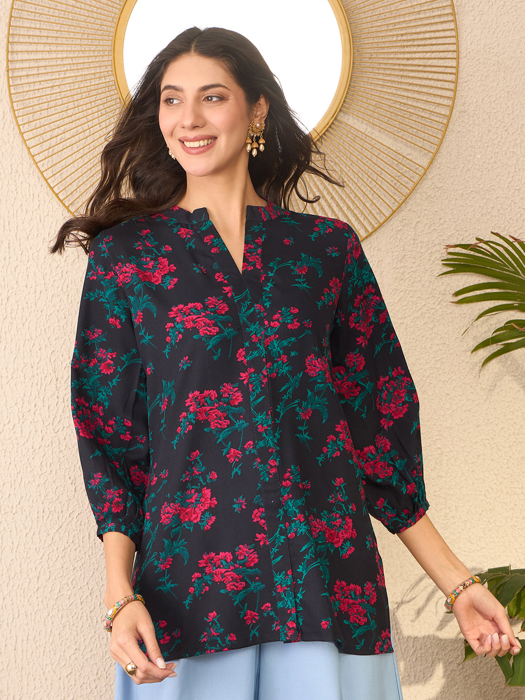 Women Navy Blue Cotton Blend Floral Printed Regular Top