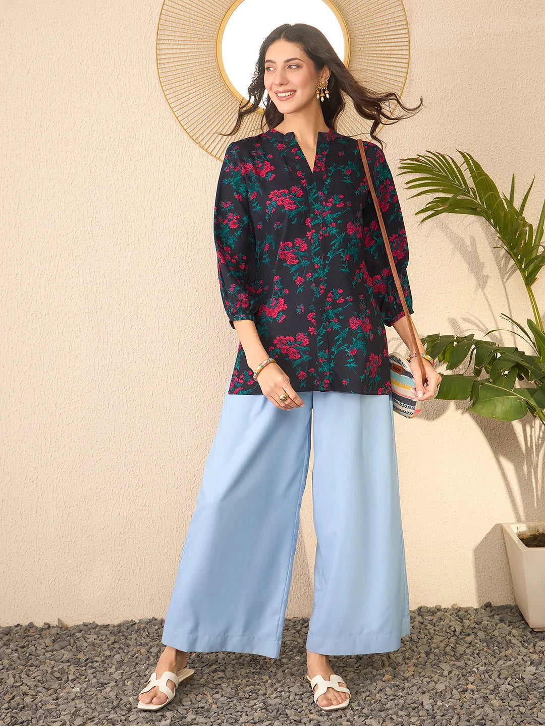 Women Navy Blue Cotton Blend Floral Printed Regular Top