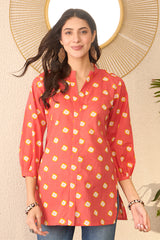 Orange Cotton Blend Shibori Printed Regular Top VT1381