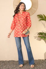 Orange Cotton Blend Shibori Printed Regular Top VT1381