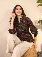 Women Black Cotton Blend Leheriya Printed Regular Top-VT1382