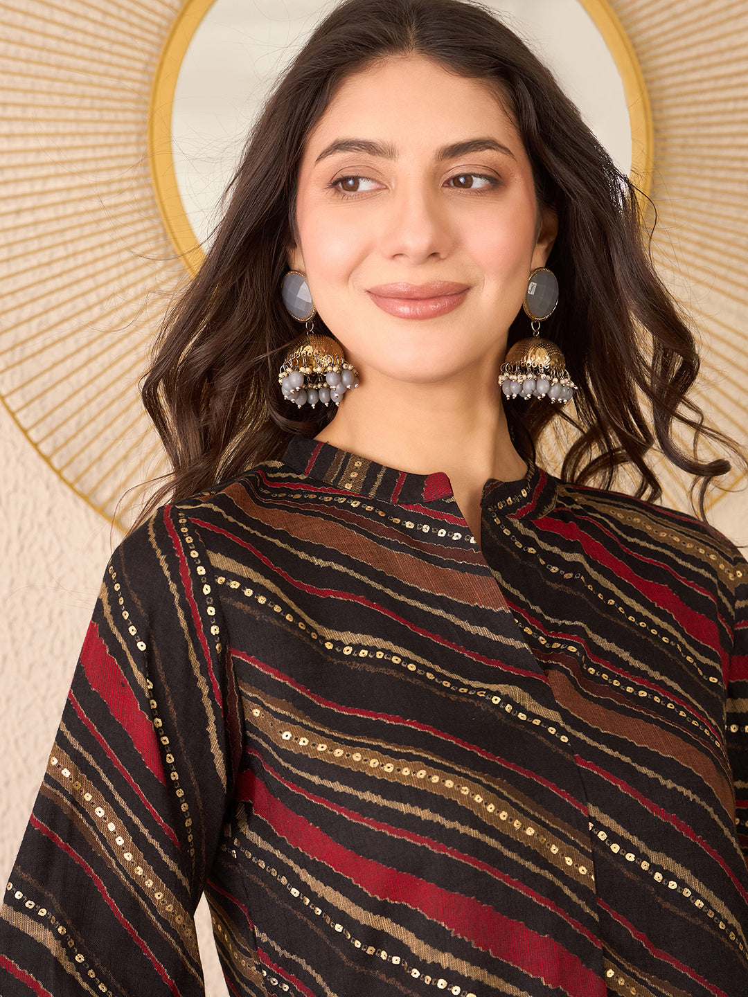Women Black Cotton Blend Leheriya Printed Regular Top