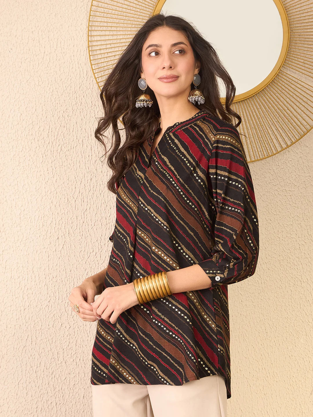 Women Black Cotton Blend Leheriya Printed Regular Top