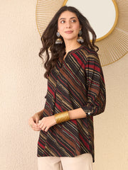 Women Black Cotton Blend Leheriya Printed Regular Top-VT1382