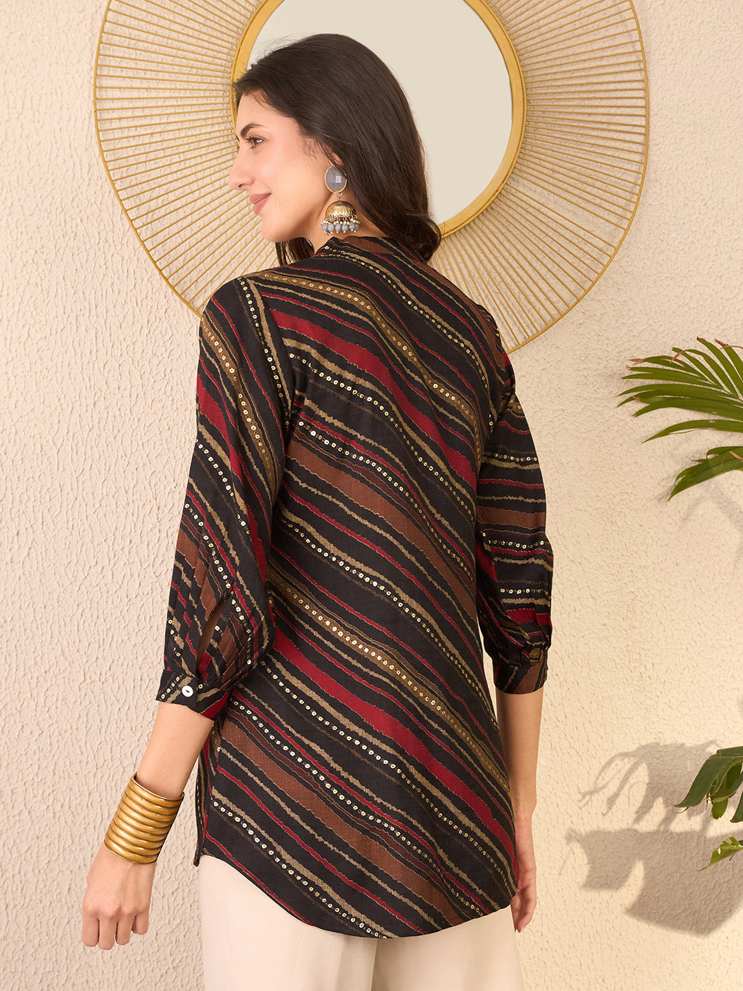 Women Black Cotton Blend Leheriya Printed Regular Top
