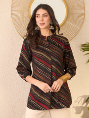 Women Black Cotton Blend Leheriya Printed Regular Top-VT1382