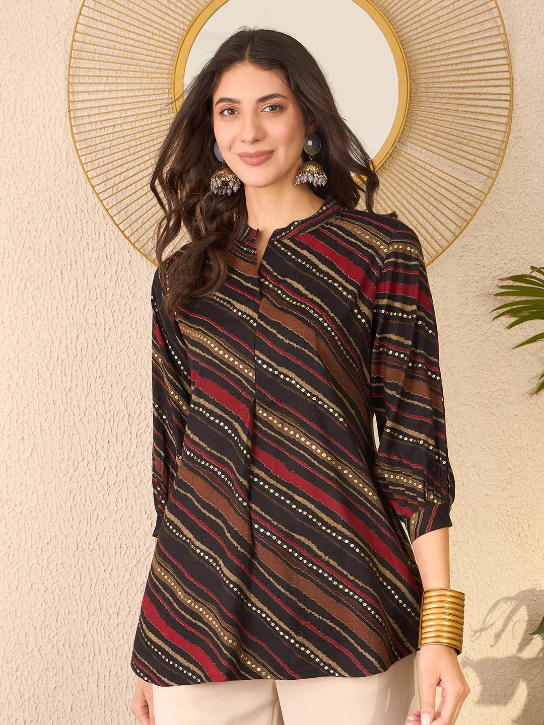 Women Black Cotton Blend Leheriya Printed Regular Top