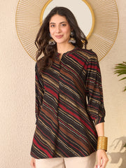 Women Black Cotton Blend Leheriya Printed Regular Top-VT1382