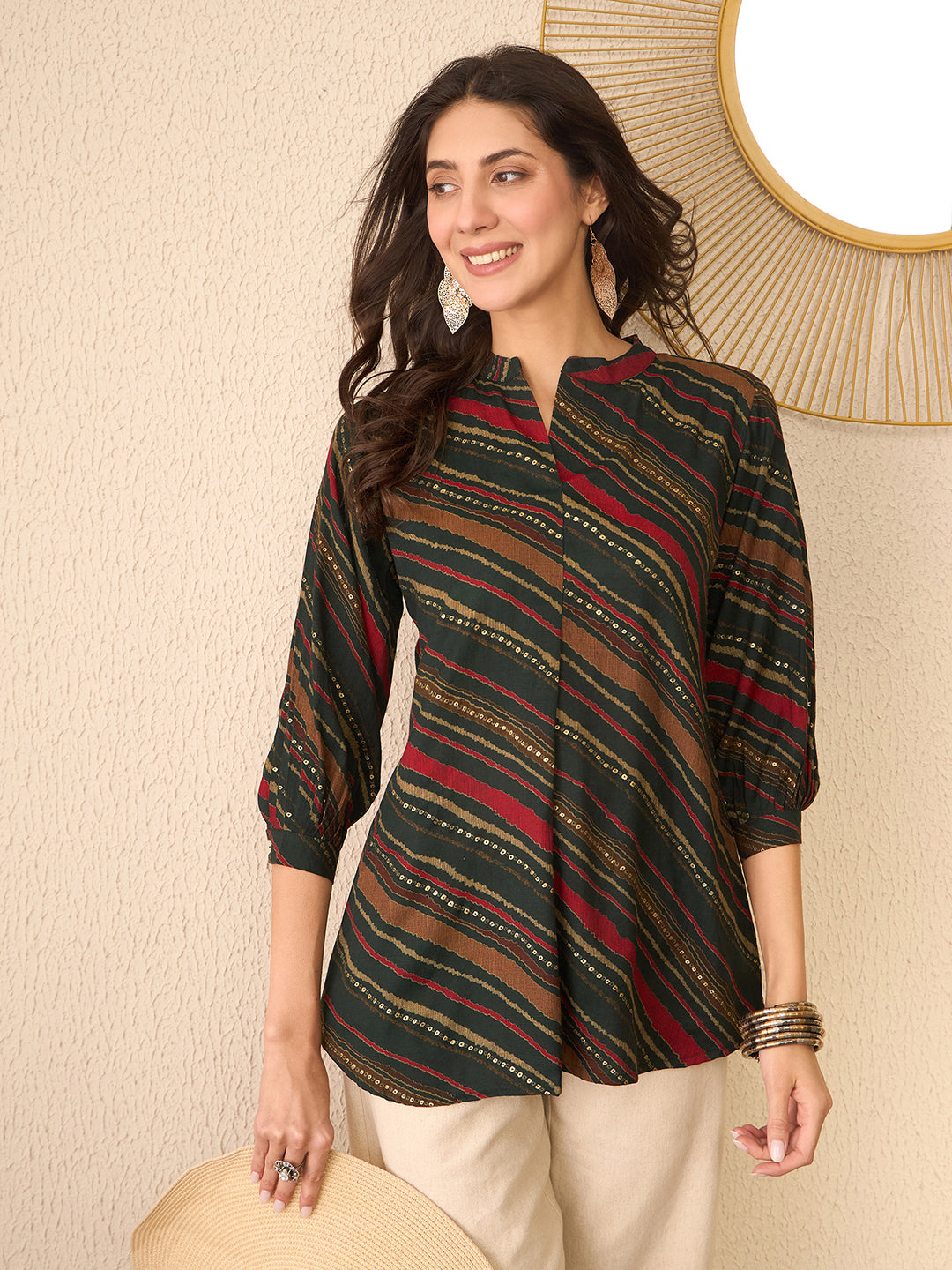 Women Green Cotton Blend Leheriya Printed Regular Top-VT1383