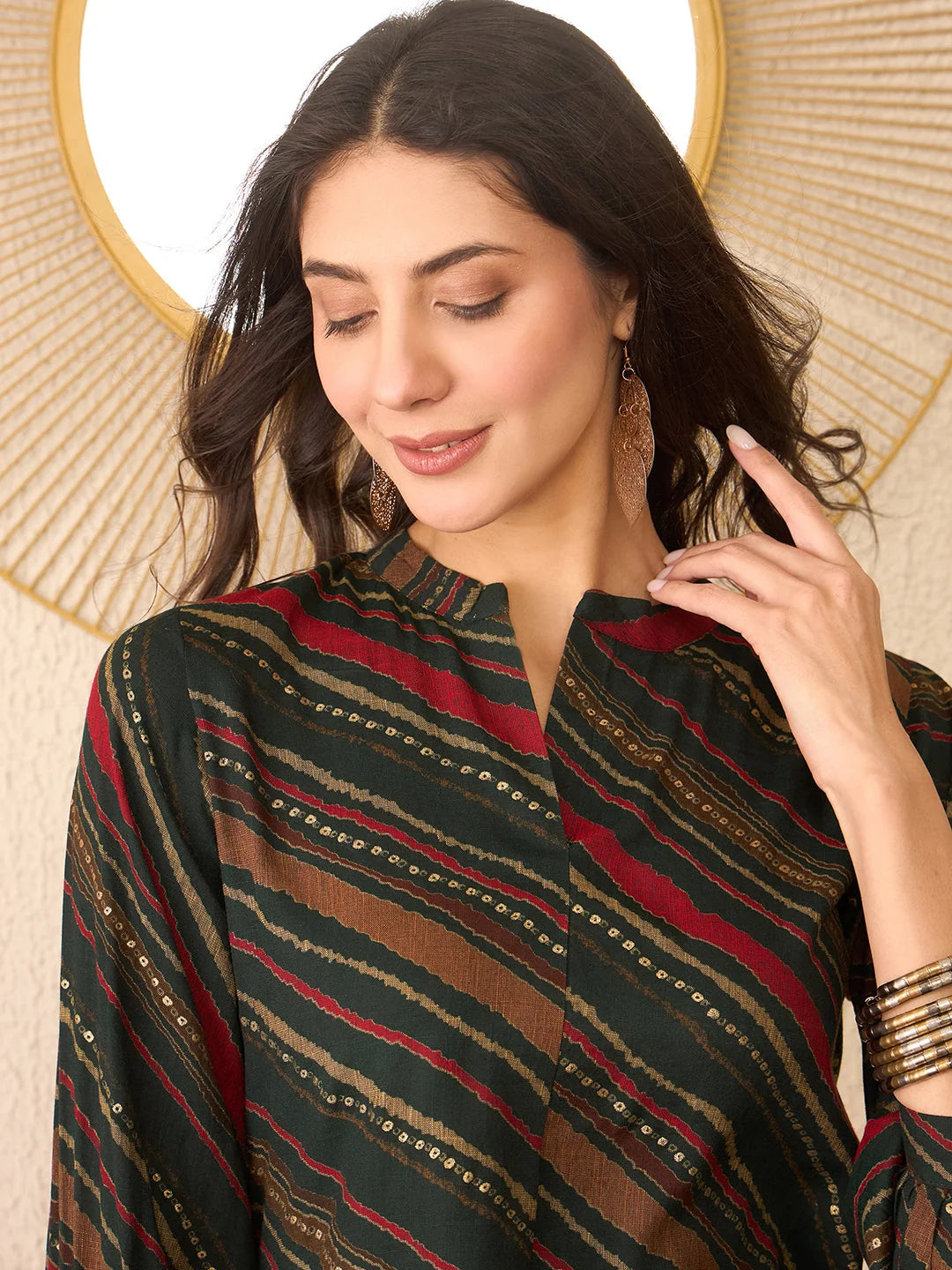 Women Green Cotton Blend Leheriya Printed Regular Top