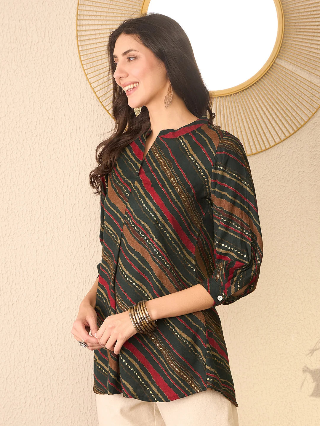 Women Green Cotton Blend Leheriya Printed Regular Top