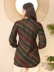 Women Green Cotton Blend Leheriya Printed Regular Top-VT1383