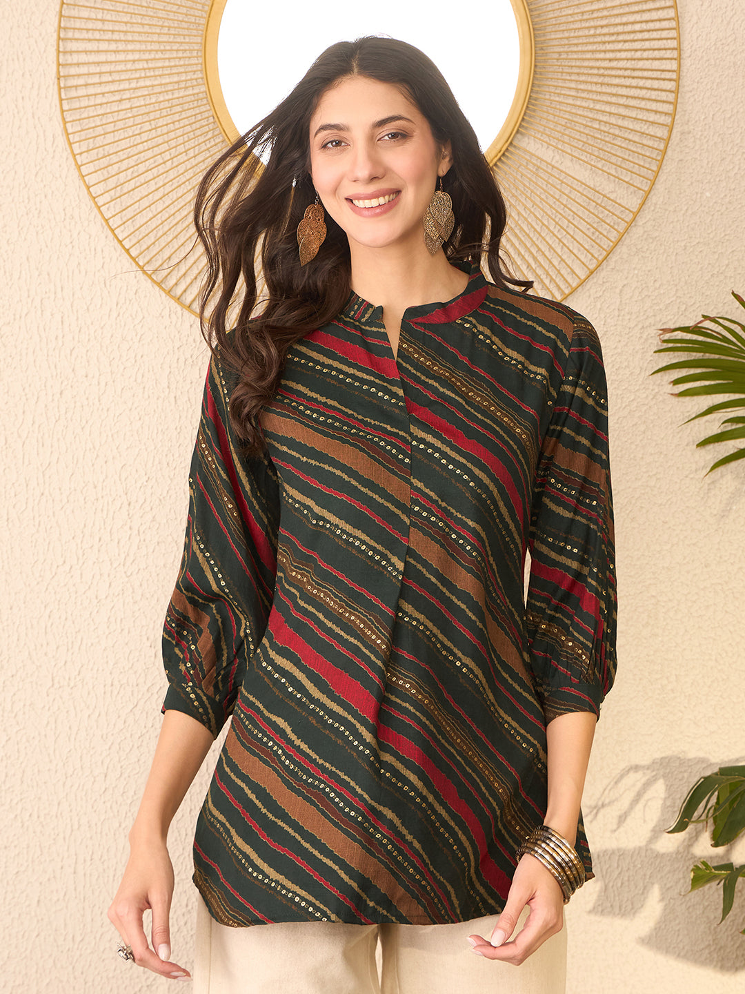Women Green Cotton Blend Leheriya Printed Regular Top