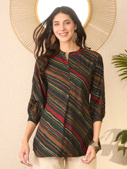 Women Green Cotton Blend Leheriya Printed Regular Top-VT1383