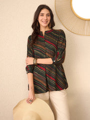 Women Green Cotton Blend Leheriya Printed Regular Top-VT1383