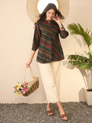 Women Green Cotton Blend Leheriya Printed Regular Top-VT1383