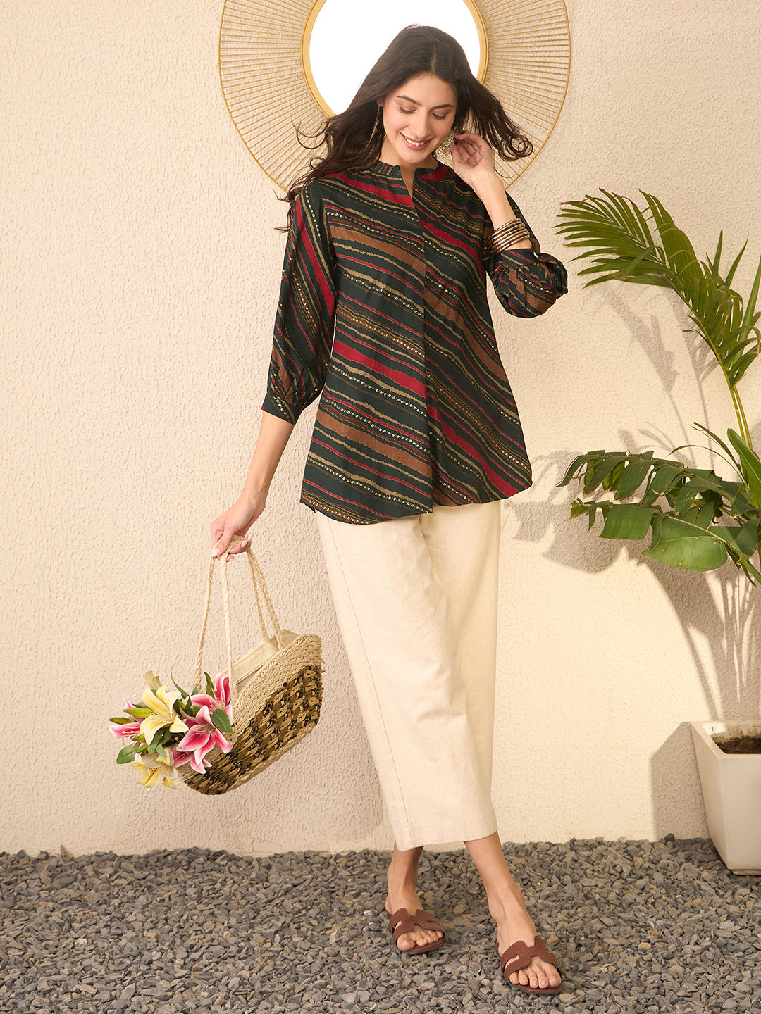 Women Green Cotton Blend Leheriya Printed Regular Top