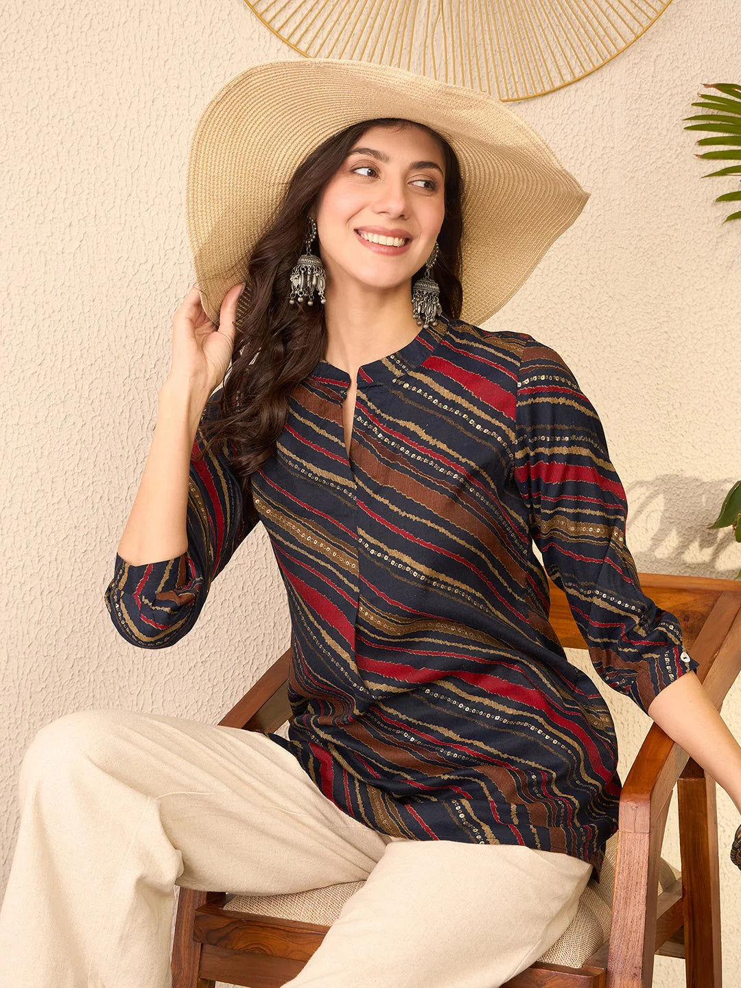 Women Navy Blue Cotton Blend Leheriya Printed Regular Top-VT1384