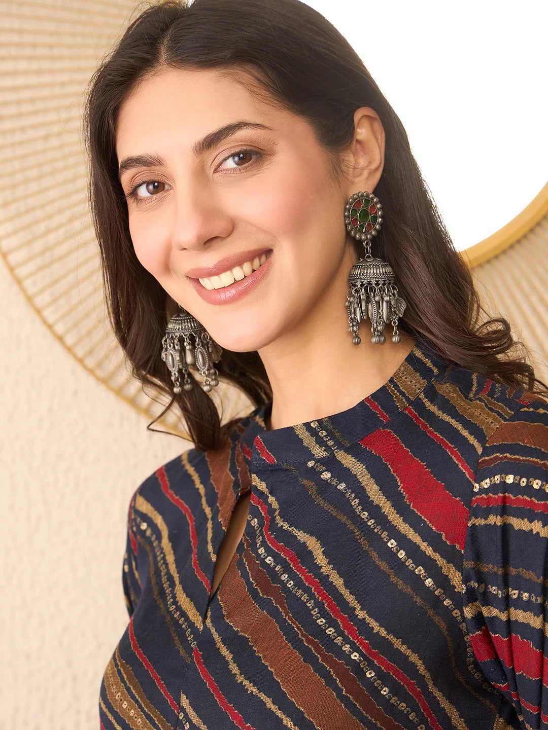 Women Navy Blue Cotton Blend Leheriya Printed Regular Top