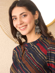 Women Navy Blue Cotton Blend Leheriya Printed Regular Top-VT1384