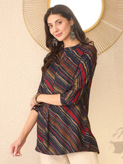 Women Navy Blue Cotton Blend Leheriya Printed Regular Top-VT1384