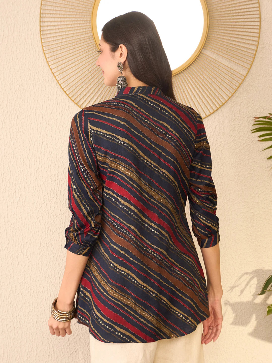 Women Navy Blue Cotton Blend Leheriya Printed Regular Top