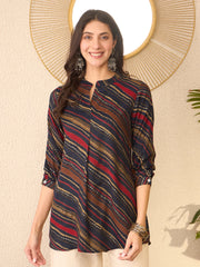 Women Navy Blue Cotton Blend Leheriya Printed Regular Top-VT1384