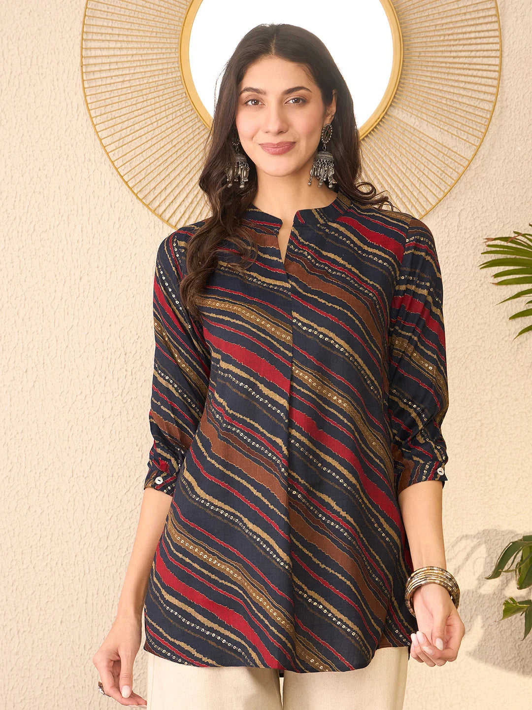 Women Navy Blue Cotton Blend Leheriya Printed Regular Top