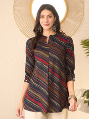 Women Navy Blue Cotton Blend Leheriya Printed Regular Top-VT1384