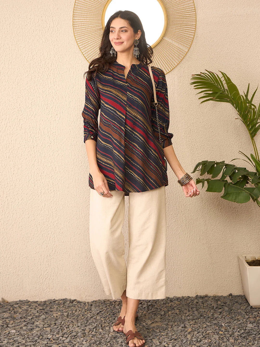 Women Navy Blue Cotton Blend Leheriya Printed Regular Top