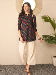 Women Navy Blue Cotton Blend Leheriya Printed Regular Top-VT1384