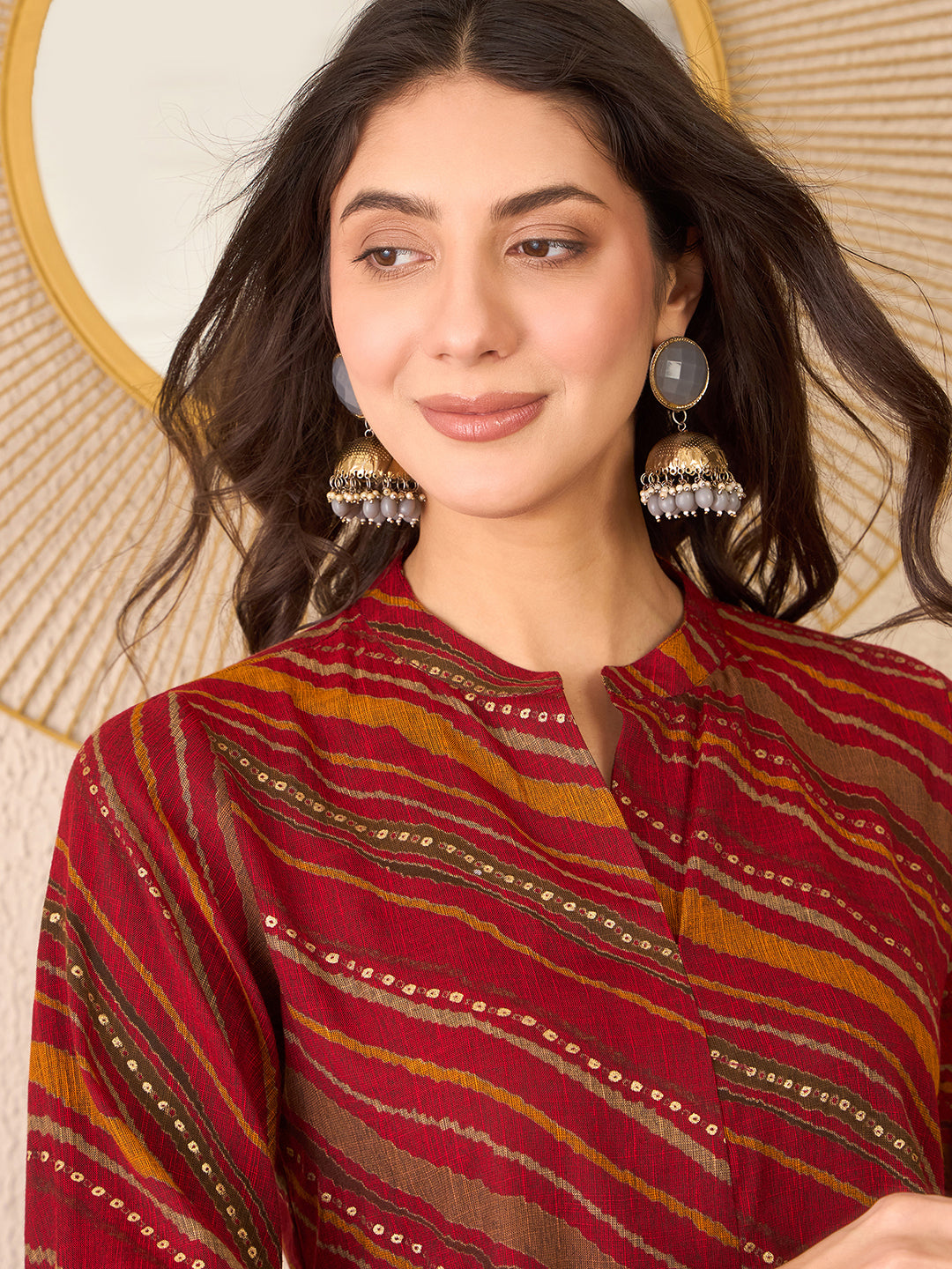 Women Red Cotton Blend Leheriya Printed Regular Top