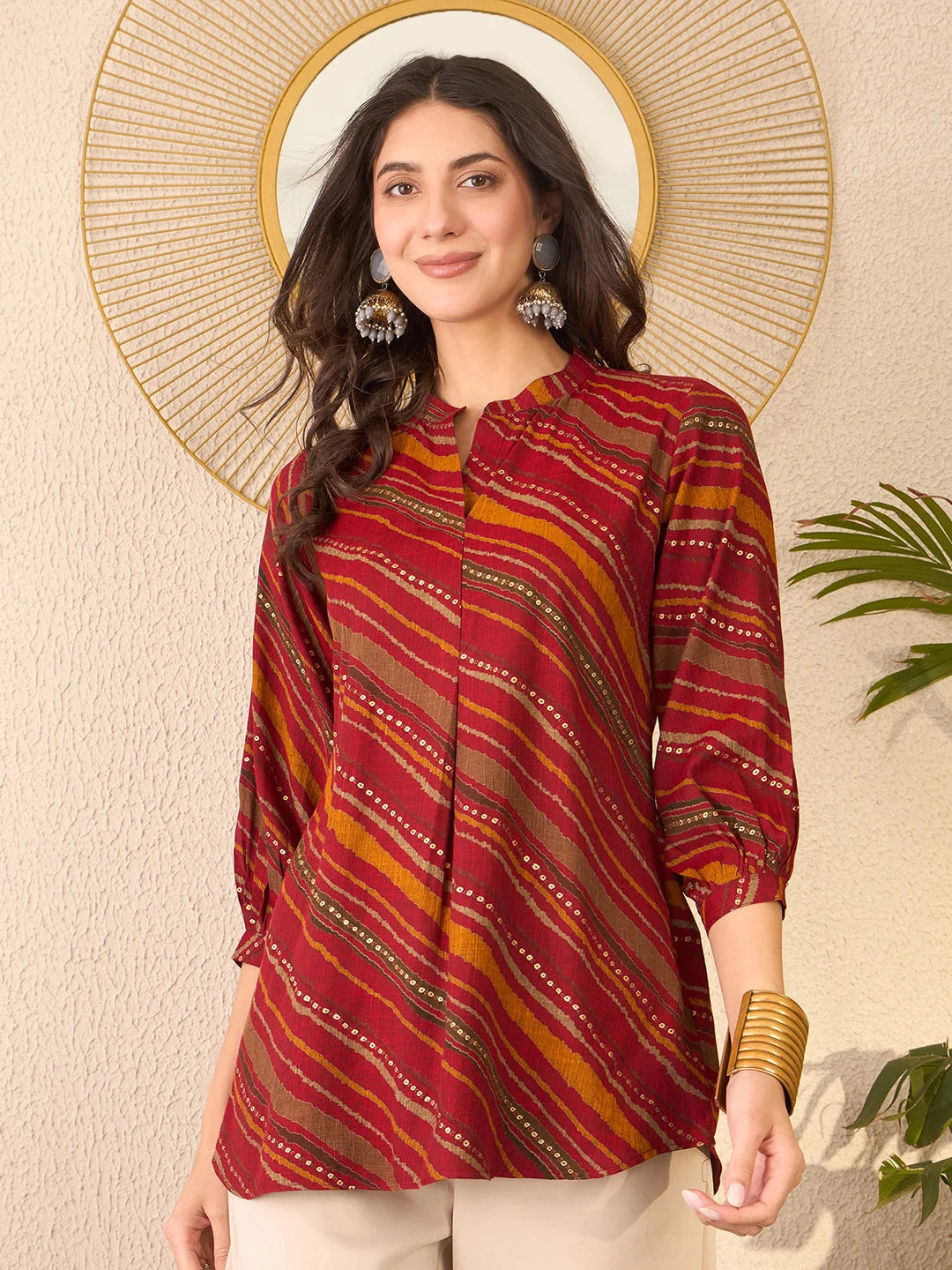 Women Red Cotton Blend Leheriya Printed Regular Top