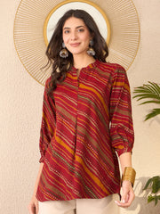 Women Red Cotton Blend Leheriya Printed Regular Top-VT1385