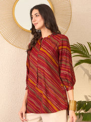 Women Red Cotton Blend Leheriya Printed Regular Top-VT1385
