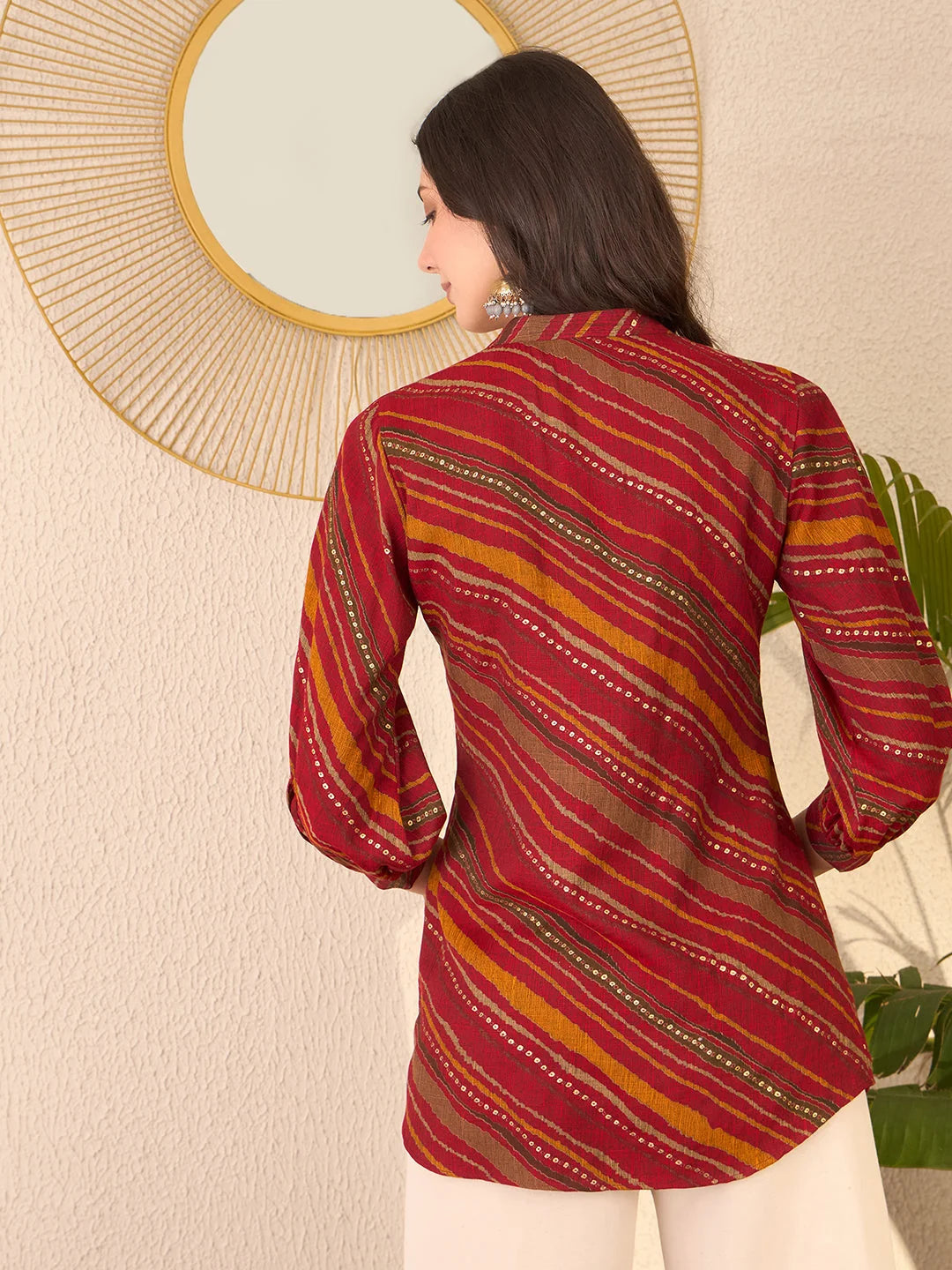 Women Red Cotton Blend Leheriya Printed Regular Top