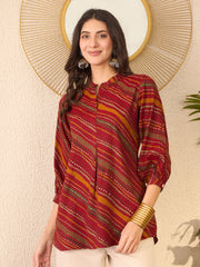Women Red Cotton Blend Leheriya Printed Regular Top-VT1385