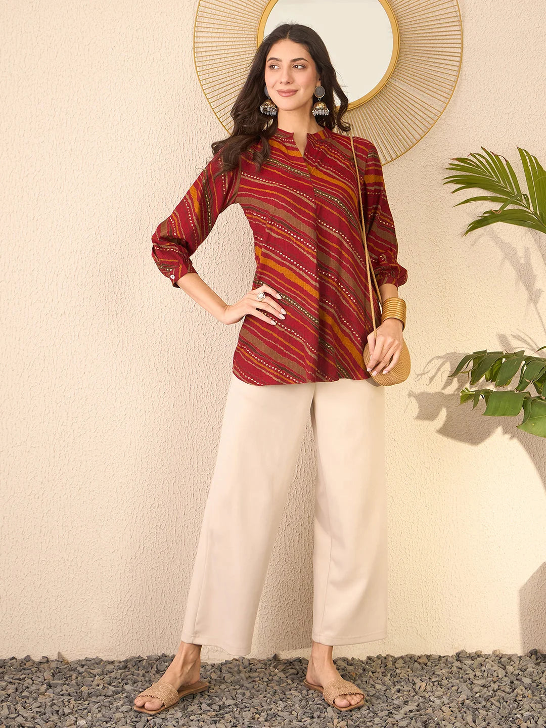 Women Red Cotton Blend Leheriya Printed Regular Top
