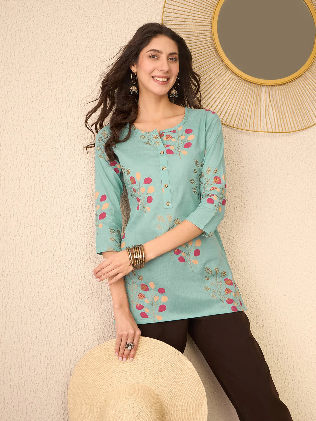 Women Blue Cotton Blend Floral Printed Regular Top-VT1387