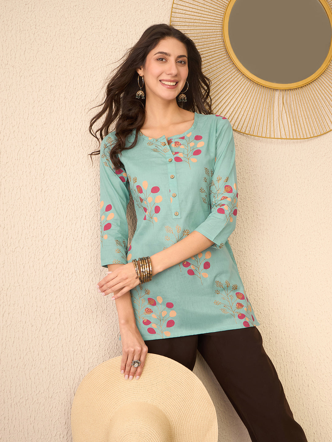 Women Blue Cotton Blend Floral Printed Regular Top
