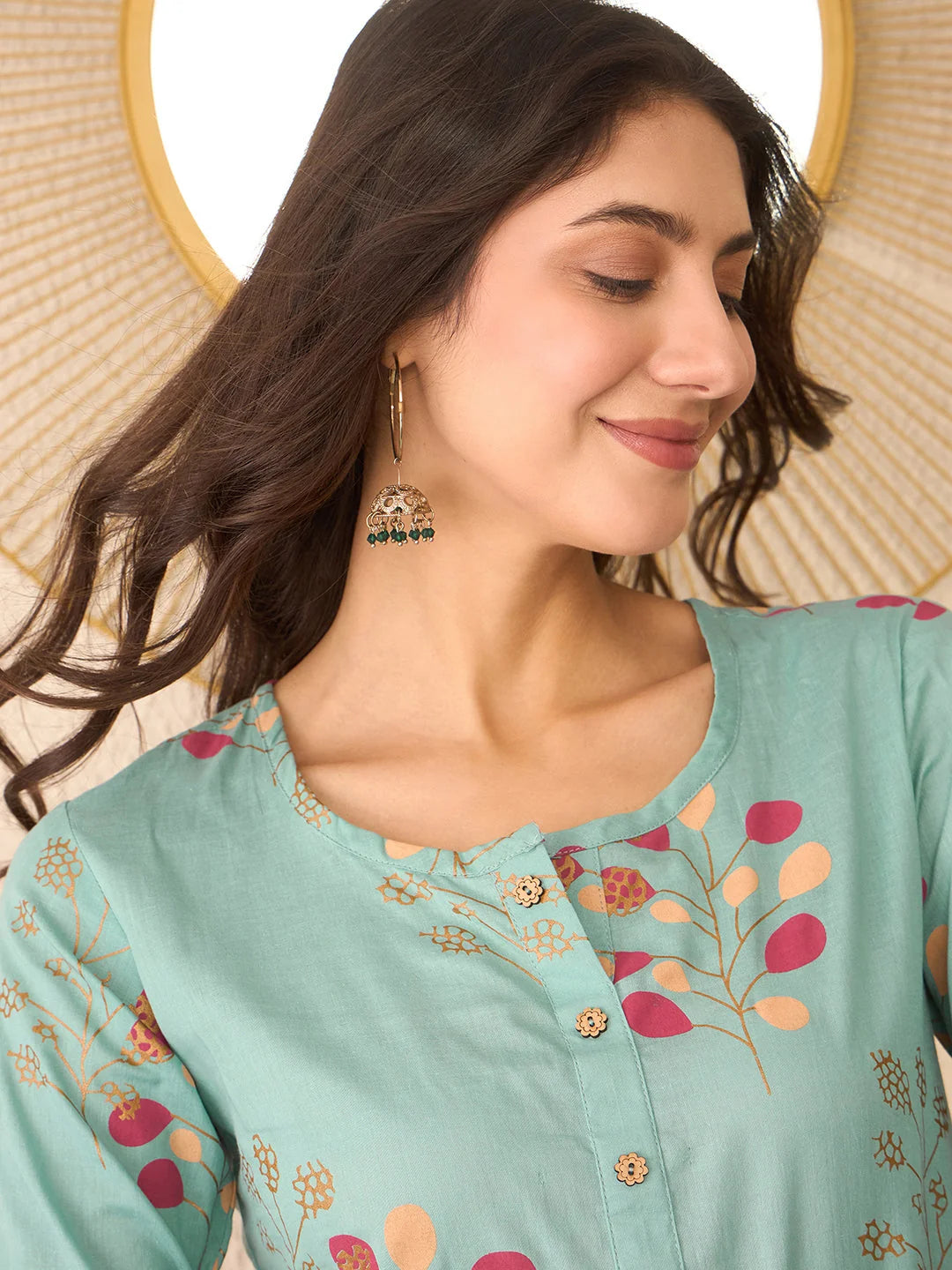 Women Blue Cotton Blend Floral Printed Regular Top