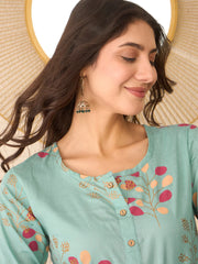 Women Blue Cotton Blend Floral Printed Regular Top-VT1387