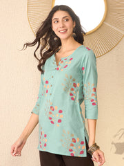 Women Blue Cotton Blend Floral Printed Regular Top-VT1387